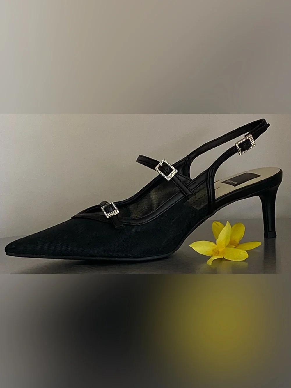 DOLCE VITA BLACK MESH KITTEN HEEL SLINGBACK PUMPS WITH RHINESTONE BUCKLES